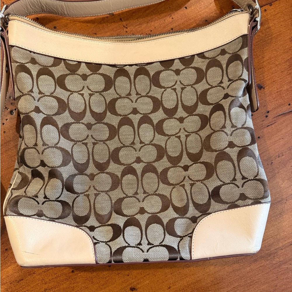 Coach Canvas Shoulder Bag in Brown & Cream Leather Trim